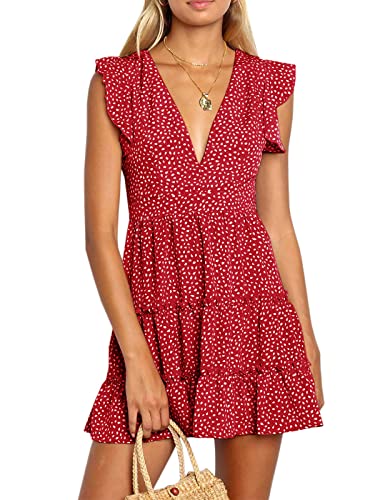 Imily Bela Damen Sommerkleid V Ausschnitt Sexy Blumenmuster Gesmokt Kleid Polka Dot Rüschen Minikleid Volant Kleid(Rot, S) Cover