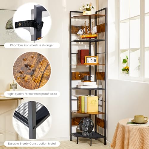 Tall Corner Shelf, 6 Tier Rustic Corner Bookshelf, 78.7