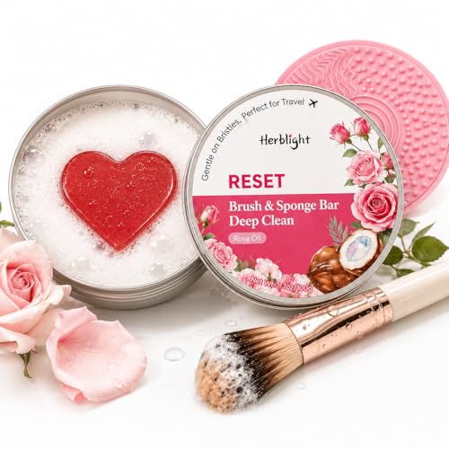 herblight Makeup Brush Cleaner Soap with Silicone Cleansing Pad- Gentle Makeup Brush Soap for Beauty Blenders, Vegan & Cruelty-Free, 3.5 oz (100g) (Pink Rose（1PC）)
