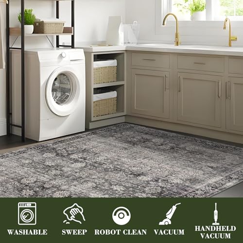 GarveeHome Runner Rugs 2.5x8 Vintage Printed Hallway with Non-Slip Backing, Stain-Resistant Oriental Washable Farmhouse Low Pile Rugs for Kitchen, Laundry, Green Camel