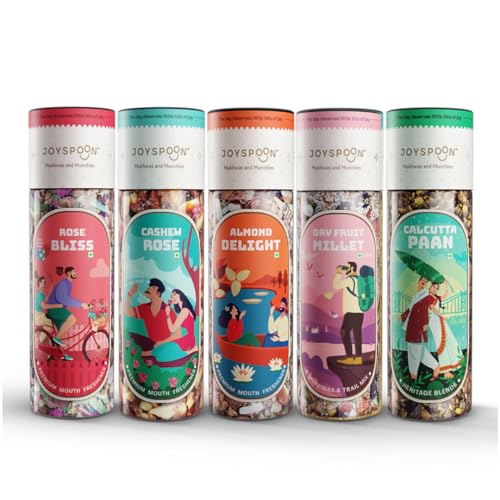 Image of JoySpoon Mukhwas Combo| Rose Bliss, Cashew Rose, Almond Delight, Dry Fruit Millet & Calcutta Paan| Supari Free | After-Meal Digestive | No Artificial Colours or Preservatives| Pack of 5x100g