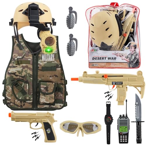 deAO Disfraz de Soldado en Combate Juego Infantil de Imitación – Conjunto Completo con Chaleco de Camuflaje, Casco, Armas de Juguete y Mochila de Almacenaje Ideal para Niños y Niñas a Partir de 3 Años