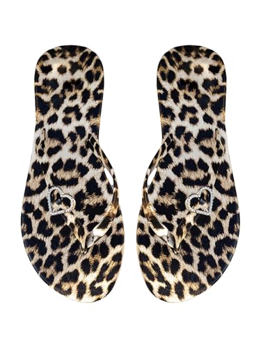 OYOANGLE Women's Leopard Print Flip Flop Sandals Rhinestone Heart Decor Vacation Casual Thong Sandal