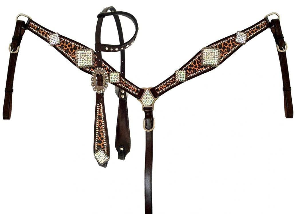 ShowmanLeather Headstall & Breast Collar Set w/Cheetah Print