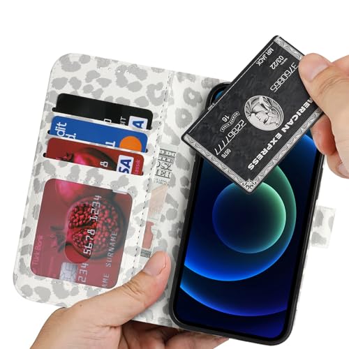 Image of for iPhone 13 Mini Case Wallet with Card Holder,for iPhone 13 Mini Wallet Case for Women Men,PU Leather Shockproof Magnetic Buckle Stand Flip Phone Case-White Leopard