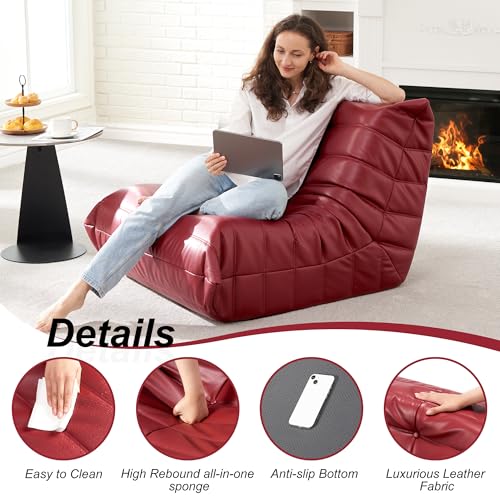 Hobestluk Giant Bean Bag Chair Lazy Floor Sofa, Memory Foam Fireside Sofa for Adults, Big Beanbag Faux Leather Armless Chair for Living Room Bedroom Dorm Office (WineRed, Single)
