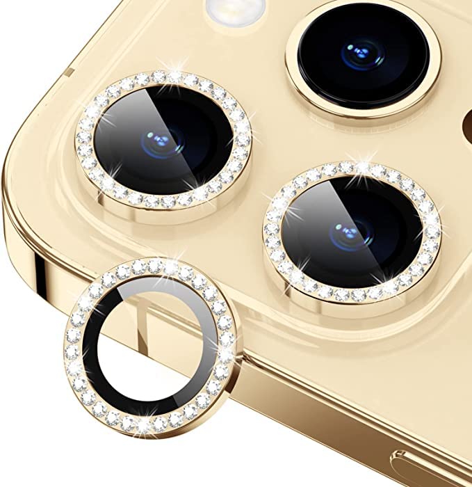 MAYA BALLEMAYABALLE® Diamond Camera Lens Protector Compatible For iPhone 14 Pro/iPhone 14 Pro Max,[Anti-Scratch] Premium Tempered Glass Film Aluminium Alloy Lens Ring Cover-Gold Diamond