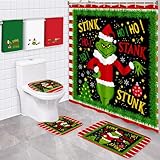 Happynow 7Pcs Christmas Bathroom Sets Shower Curtain Rug Mat Toilet Lid Cover Towel Xmas Bath Room Decor Accessories with 12PCS Hooks