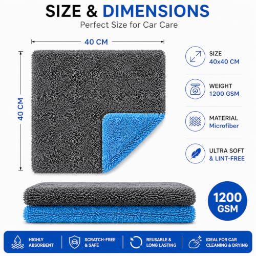 Image of Microfiber Twisted Loop Car Drying Towel | 1200 GSM Ultra Absorbent | Scratch-Free & Lint-Free | Dual Sided Car Cleaning Cloth (40x40)