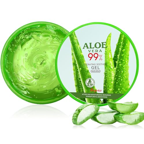 Aloe Vera Gel 99% Rein, 300ml Aloe Vera Gel Bio für Gesicht, Ideal für Sonnenbrand Reparieren, trockene strapazierte Empfindliche Haut - für Gesicht, Haare und Körper, After Sun Lotion