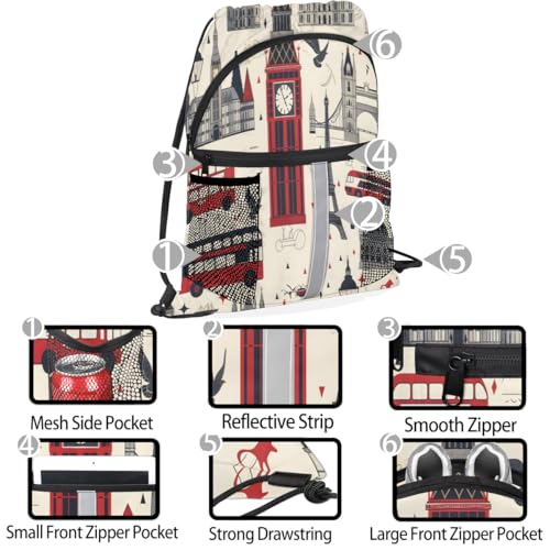 London Drawstring Backpack with Water Bottle Pocket Lightweight String Bag Big Ben England Sports Gym Swim Sackpack for Men Women4