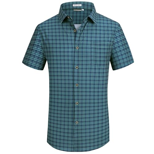 Mens Casual Button Down Shirts Wrinkle Free 4-Way Stretch Dress Shirs Short Sleeve Plaid Summer Shirts for Men