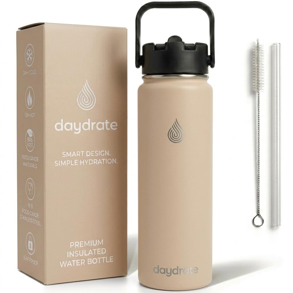Insulated Metal Water Bottle with Straw 750ml- Stainless Steel Water Bottle, BPA Free, Lid Straw & Spout, Leakproof, 24 Hours Cold & Hot, Work, Travel, Gym Bottle for Men & Women - Sandstone -Daydrate