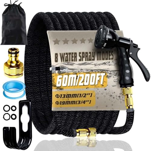 200FT Expandable Garden Hose Pipe Flexible Expanding Magic Hose with 8 Pattern Spray Modes Retractable Hose Pipe with 3/4 1/2 Fittings for Gardening Cleaning Household