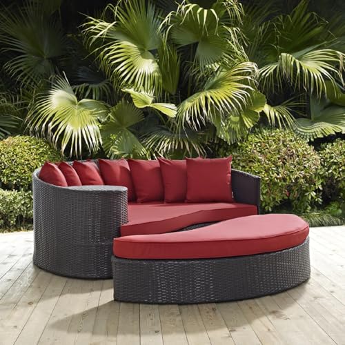 Image of BRISHI Outdoor Patio Daybed /Sunbed /Swimming Pool Side /Sun Lounger /Garden /Terrace /Balcony /Wicker and Rattan Daybed (Dark Brown /Red)