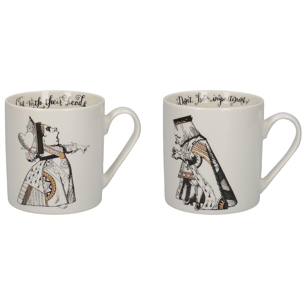 V&A V andA Alice in Wonderland Mug Set in Gift Box, King and Queen of Hearts, Fine China, 350 ml - (Set of 2), White Black Gold