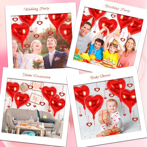 Image of 24 Pcs Red Heart Balloons, 100 Pcs Heart Hanging Streamers, 18 Inch Heart Foil Balloons Valentine's Day Balloon Love Balloon for Valentines Day Proposal Wedding Party Decorations