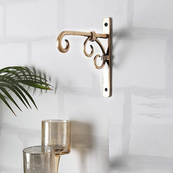 Image of Iron Antique Golden Wall Bracket for Hanging Lanterns, Planters, Bells & Diya | Wall Mount Hanger for Garden, Balcony, Indoor & Outdoor (17 x 16.5 x 2 Cm, Golden 1)