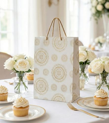 Image of Creative Art White & Gold Paper Gift Bags Rectangle (Pack of 10) - Strong Kraft Paper, Elegant Design, Reusable & Recyclable, Ideal for Return Gifts, Baby Shower, Wedding & Party Gift Packing