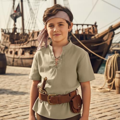Kids Medieval Viking Pirate Renaissance Retro Costume Shirt Short Sleeves for Boys Halloween Cosplay 10-12 Years Light Beige — view 2