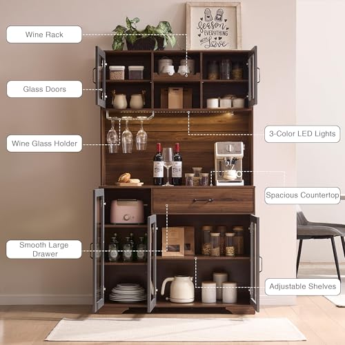 Image of Fatmok 71 inch Tall Pantry Cabinet with Glass Doors, Kitchen Hutch Storage Cabinet, Coffee Bar & Liquor Cabinet with Charging Station & LED Lights, Wine Rack, Adjustable Shelves&Large Drawer, Brown