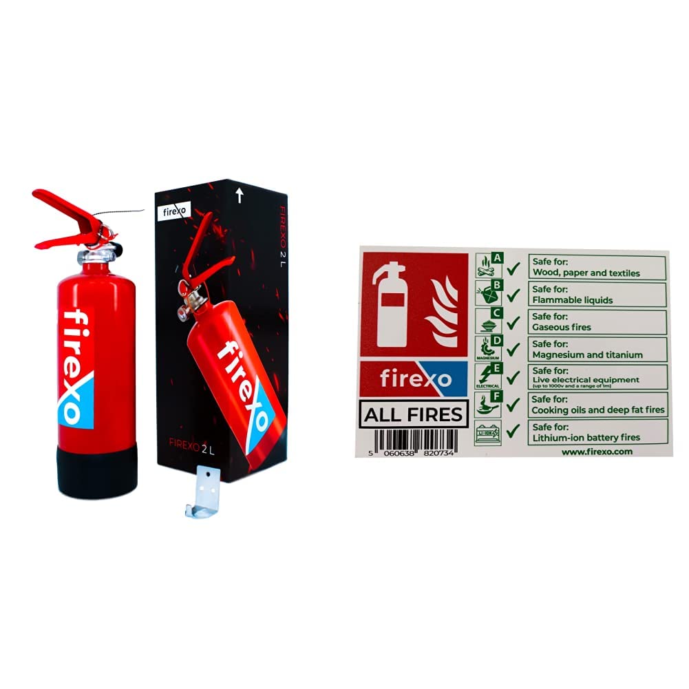 Firexo 2 Litre ALL FIRES Extinguisher, 2 Litre Fire Extinguishers, 7 in 1 for all type of Fire & White Extinguisher Safety Sign All Fires Extinguishers All Classes of fire