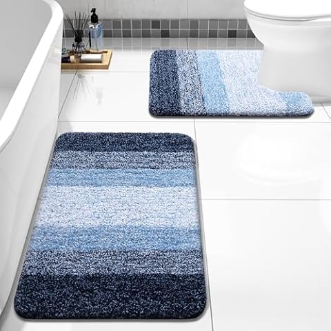 Arotive Bathroom Rugs Sets 2 Piece, Shaggy Soft and Absorbent Microfiber Bath Rugs and U-Shaped Contour Toilet Rug, Non-Slip, Machine Washable Dry Bath Mats for Bathroom (30"x20"+24"x20", Blue) Cover