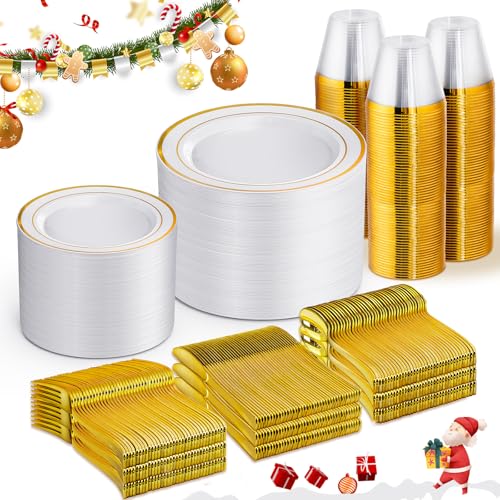 WELLIFE 600 PCS Gold Disposable Dinnerware Set for 100 Guests, Gold and White Plastic Plates for Party, 100 Each-Dinner & Salad Plates, Cups, Forks Knives Spoons for Christmas Wedding and Party WELLIFE 600 PCS Gold Disposable Dinnerware Set for 100 Guests, Gold and White Plastic Plates for Party, 100 Each-Dinner & Salad Plates, Cups, Forks Knives Spoons for Christmas Wedding and Party
