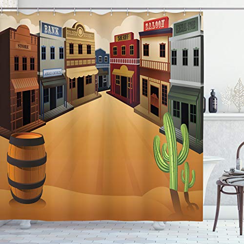 Ambesonne Western Shower Curtain Cartoon Illustration Old Western Town Shops Store Street Old Style Structure