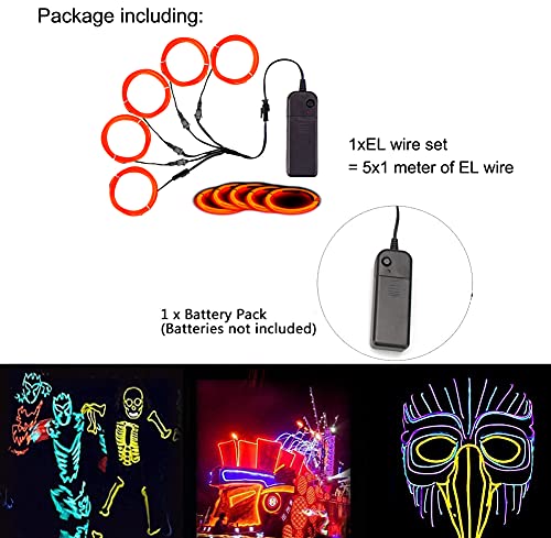 Image of MaxLax EL Wire Orange, Noise Reduction Neon Wire Light 5 in 1 Meter, Electroluminescent Wire for Halloween Decoration, Christmas Party, DIY Decoration