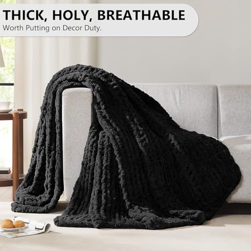 Image of L'AGRATY Chunky Knit Throw Blanket for Couch, 60'' x 80'' Knit Throw, Black