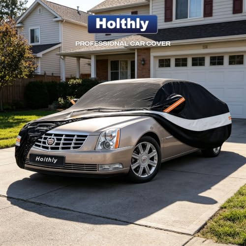 Image of 10 Layers Car Cover Custom Fit for Cadillac (DTS 2006-2012), Waterproof All Weather for Automobiles, Outdoor Full Cover Sun Dust Rain Protection with Cotton. Black