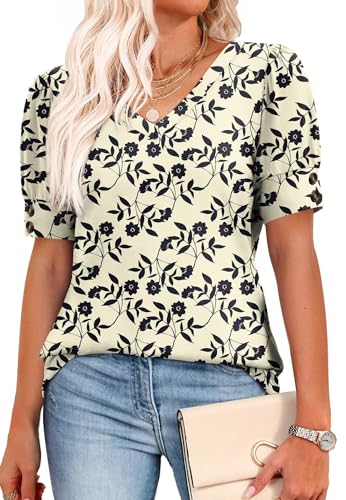 Image of OFEEFAN Womens Tops Short Sleeve Shirts Buttons V Neck Spring Fashion Summer Outfits Plus Size Blouses Dressy Casual