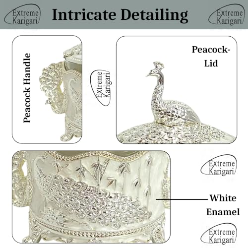 Image of Premium Decorative Peacock Design Sugar Pot | Jar with Spoon | German Silver-Plated Embossed Peacock Glass Container for Home Decor, Kitchen & Gifting