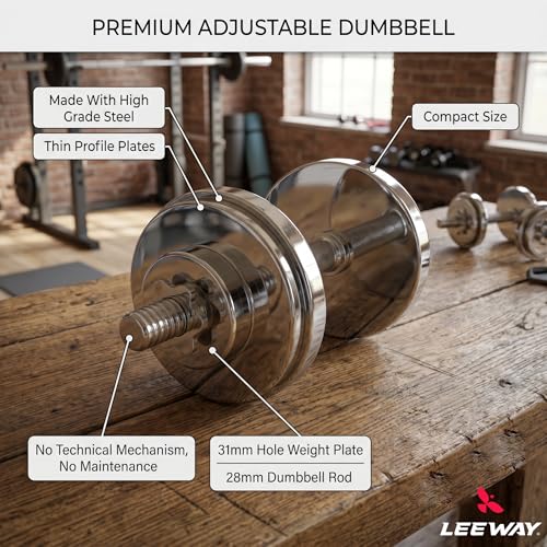 Image of LEEWAY Metal Adjustable Dumbbell Set for Home Gym | 50kg (2.5kgX4+5kgX8)| Steel Dumbbell Set | Chrome Plates for Iron Dumble Rods 28 mm & Spin Lock | Compact for Strength Training Workout Dumbell