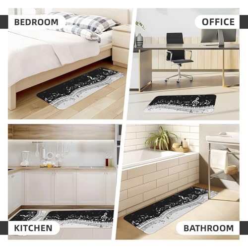 Juego de 2 alfombrillas de cocina negras y blancas con diseño de notas musicales 6