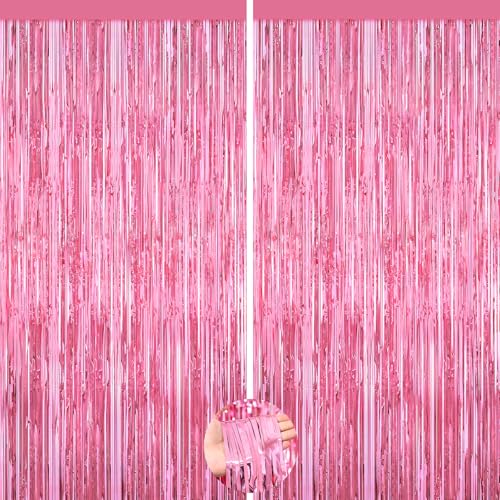 Image of Pink Party Decorations, 2Pack Glitter Pink Backdrop, Metallic Tinsel Backdrop Fringe Curtains Backdrop Curtains, Photo Backdrop Party Supplies Wedding Engagement Christmas Birthday Party Decorations