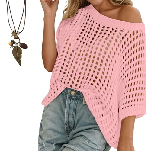 LLELEMAMO Haut Crochet Femme Pull Off Shoulder Tricot, Pull Maille Filet Léger Ajouré Tunique de...