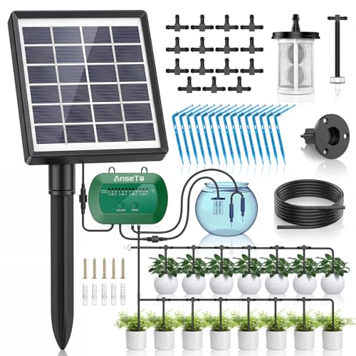 AnseTo Solar Bewässerungssystem für Balkon Garten Gewächshäuser Automatische Bewässerungssystem Bewässerungscomputer für Pflanzen und Topfpflanzen, Ausgestattet mit 12 Bewässerungsmodi und 15 Tropfern