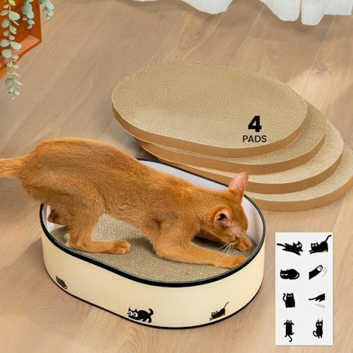 Kratzbrett für Katzen mit Box & 4 ersetzbaren Kratzpappe - Groß Kratzmöbel aus robustester Wellpappe, wendbare Kratzbretter mit DIY Stickern - Katzen Lounge Schlafplatz für Wohnungskatzen, Möbelschutz