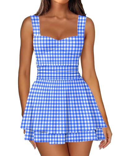 IWD Womens 2026 Summer Plaid Mini Dress Square Neck Ruched Waist Tiered Ruffle Hem Short Beach Sundress Gingham Blue Small