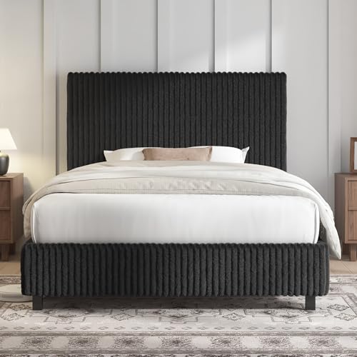 Image of AMERLIFE Twin Bed Frame, Upholstered Metal Platform Bed with Vertical Channel Tufted Headboard, Soft Fabric & Strong Metal Slats, Noise-Free /Easy Assembly, Black Twin Metal Bed and Headboard
