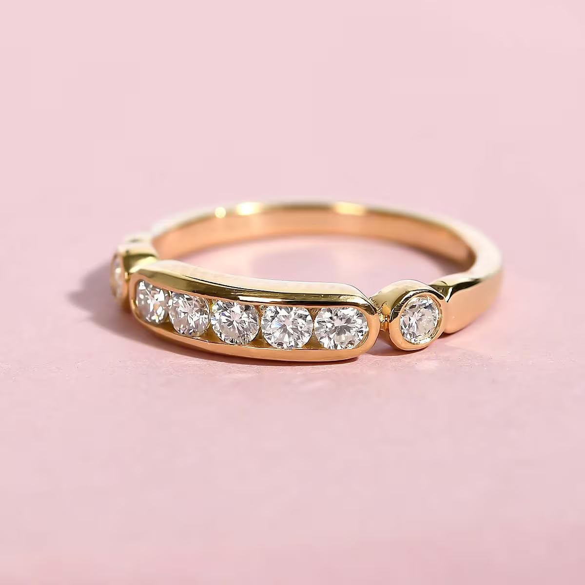 TJC Moissanite Half Eternity Band Ring in Gold and Platinum Plated 925 Silver Anniversary Wedding Rings for Her Ladies Seven Stone Jewellery Gift