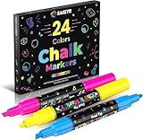 24 Vibrant Colors Dual Tip Liquid Chalk Markers – Erasable Chalk Pens for Blackboard, Chalkboard Signs, Glass, Windows, Bar Menu, Wet Erase Neon Makers for Just Married Car Windows Decorations
