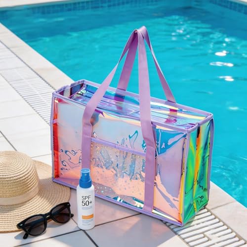 Image of Iridescent Waterproof Beach Tote Bag for Women Large Jelly Tote Bag for Summer Travel Vacation Swim Pool