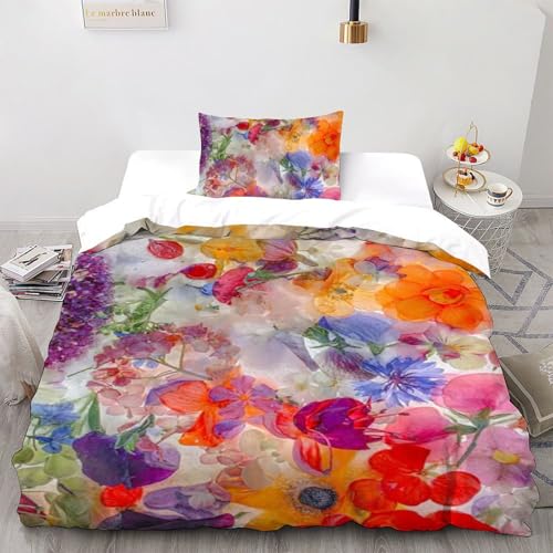 Housse de couette 135x200cm imprimé 3D fleurs en microfibre douce et lavable en machine