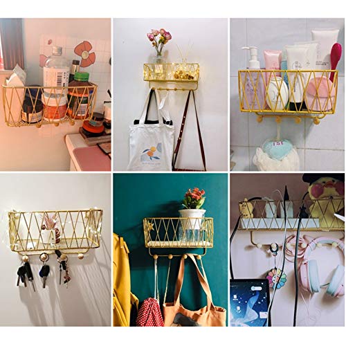Doxiglobal Wall Mount Mail Holder Room Decor Entryway Storage Organizer Wood Shelf Key Hooks Metal Mail Sorter Coat Rack Wire Mesh Storage Basket For Magazines Wallets Leashes Plant (Gold, L-6 Hooks) #TOP4