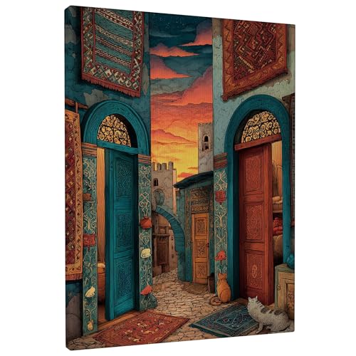 Moroccan Doorway Canvas Wall Art, Blue with Orange Sunset Artwork,