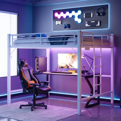 Image of VINGLI Loft Bed Queen Size with Charging Station and LED Lights,Safety Guardrail and Stair for Teens /Adults, No Box Spring Needed, Heavy Duty Metal Support Slat, White