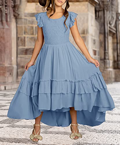 Hosika Lace Flower Girls Dress Summer Short Sleeve Princess Vintage Boho Wedding Party A-Line Maxi Dresses 6-12 Years Blue Xl thumb #6